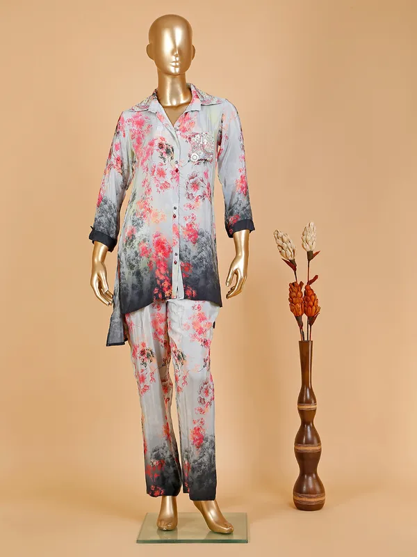 Grey and pink floral printed silk co ord set