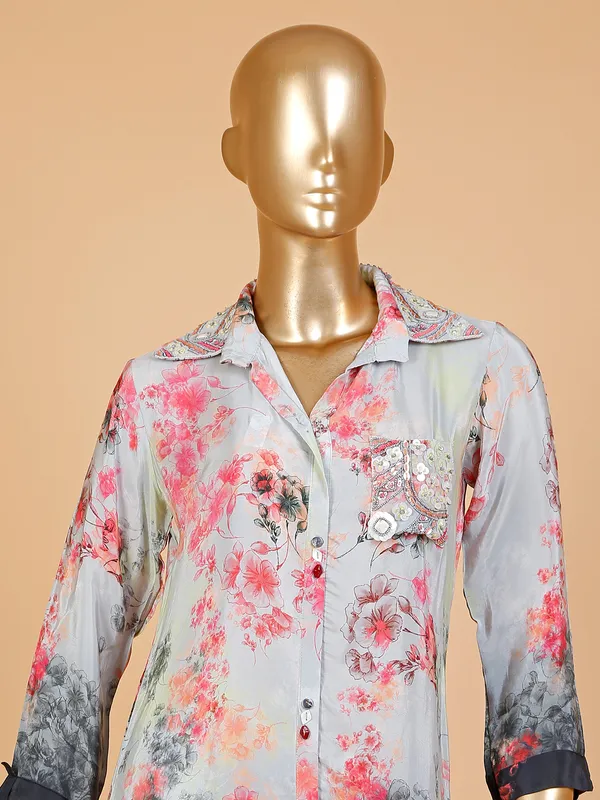 Grey and pink floral printed silk co ord set