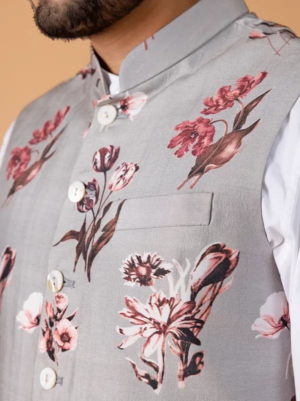 Grey and pink floral printed waistcoat