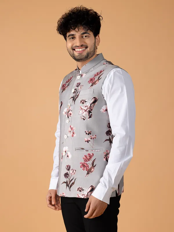 Grey and pink floral printed waistcoat