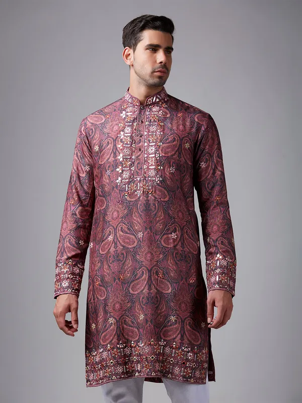 Grey and pink paisley printed  Men Kurta pajama