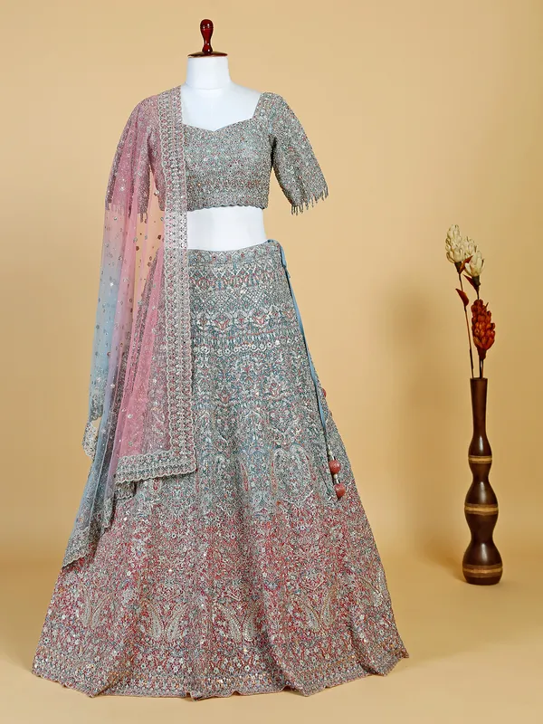 Grey and pink shaded net lehenga choli