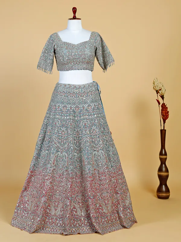 Grey and pink shaded net lehenga choli