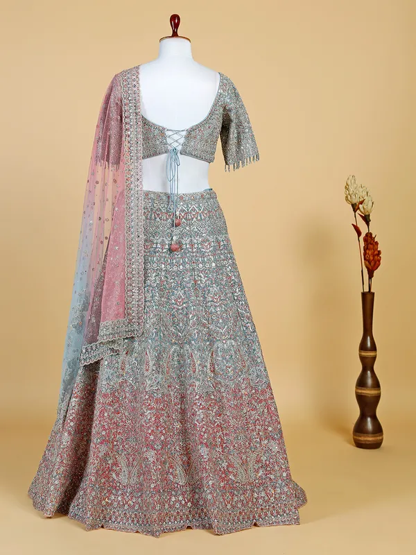 Grey and pink shaded net lehenga choli