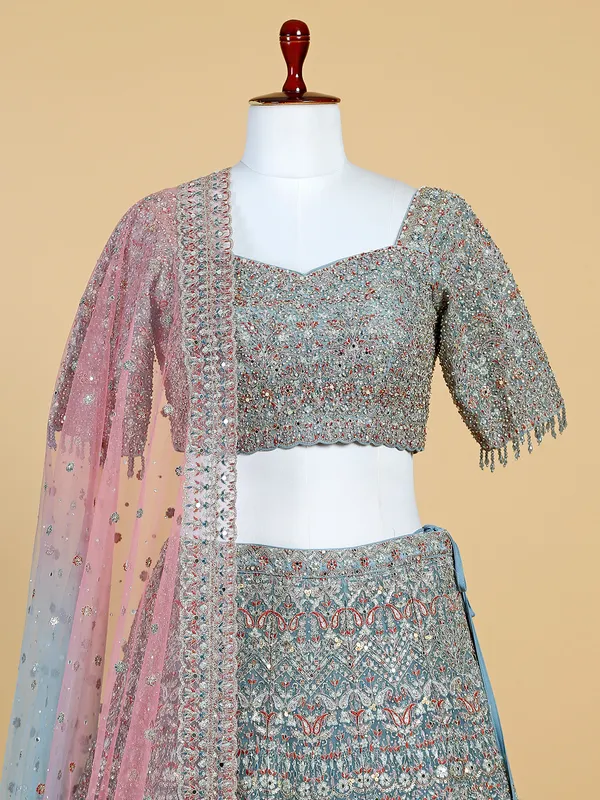 Grey and pink shaded net lehenga choli