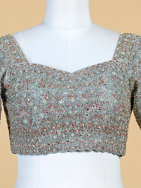 Grey and pink shaded net lehenga choli