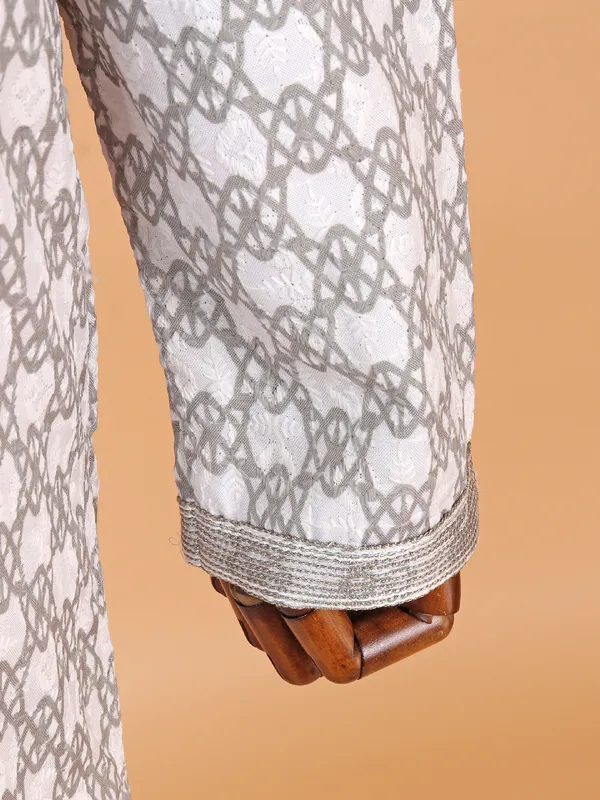 Grey and pista printed cotton kurta suit suit for boys