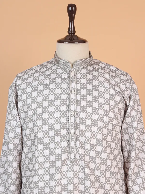 Grey and pista printed cotton kurta suit suit for boys