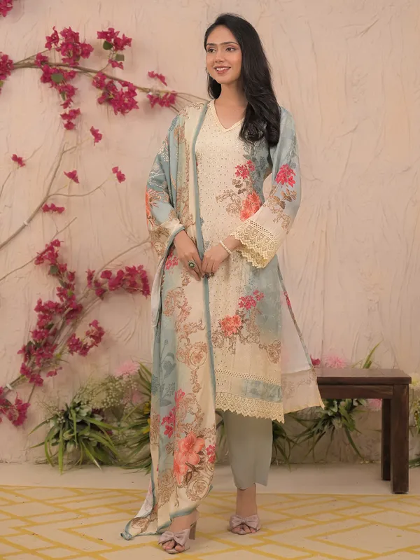 Grey and white shaded cotton silk kurti set