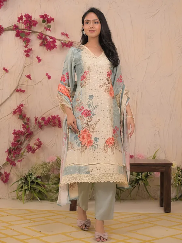 Grey and white shaded cotton silk kurti set