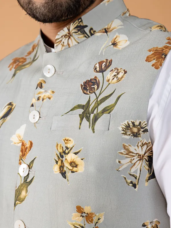 Grey and yellow floral printed waistcoat