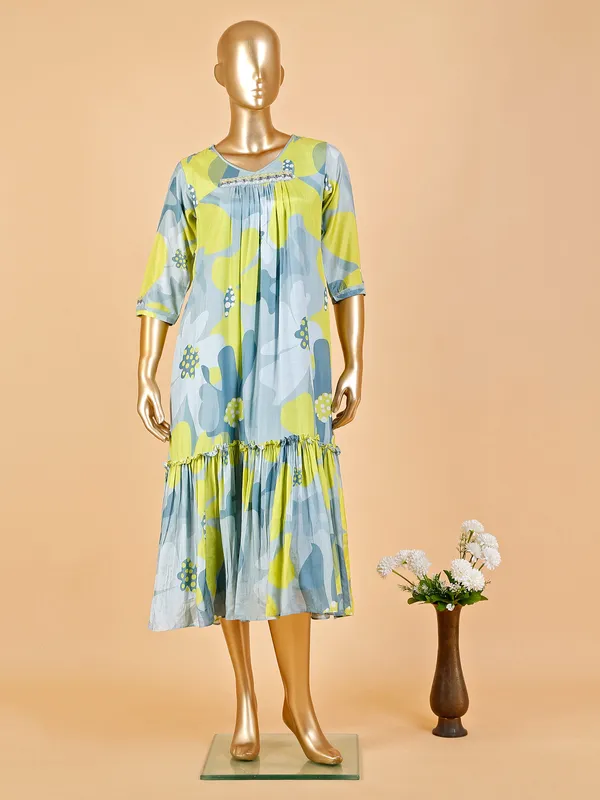 Grey and yellow printed silk kurti