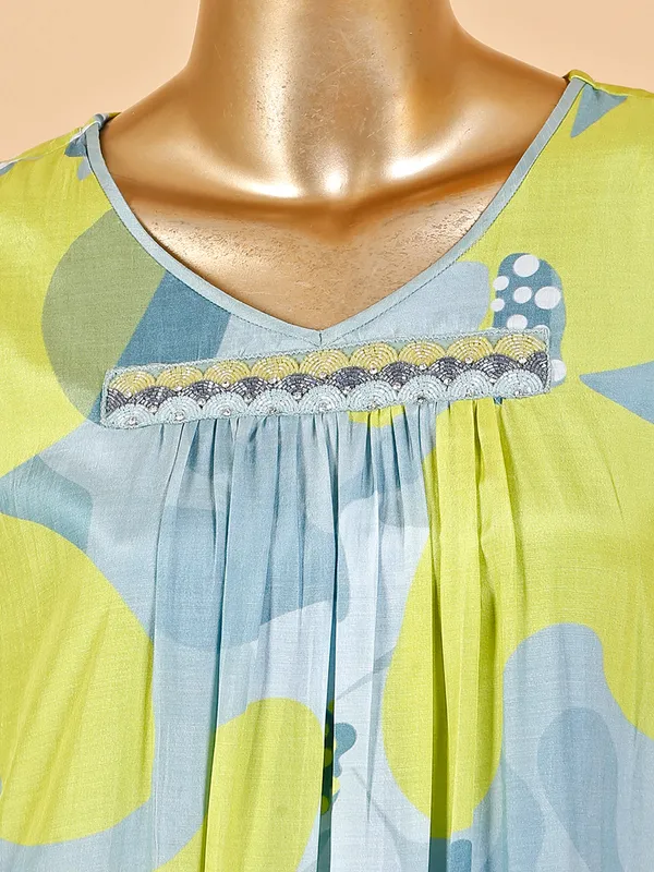 Grey and yellow printed silk kurti