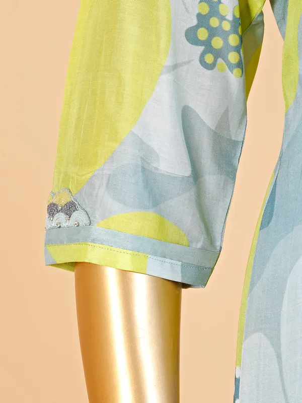 Grey and yellow printed silk kurti
