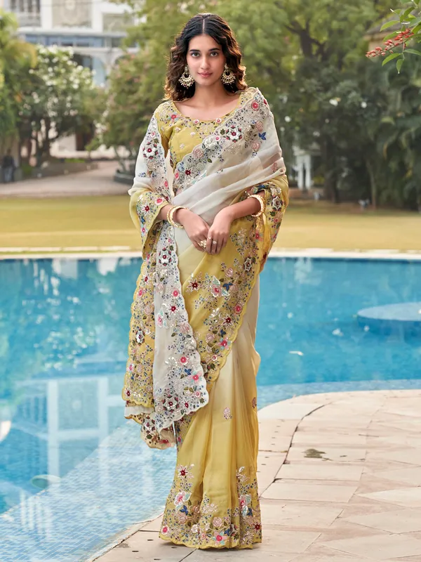 Grey and yellow soft organza saree