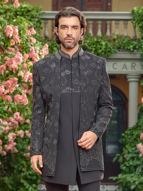 Grey art silk sequins thread indo western jacket