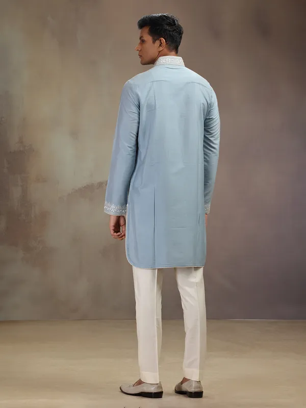 Grey banarasi silk kurta pajam with embroidery