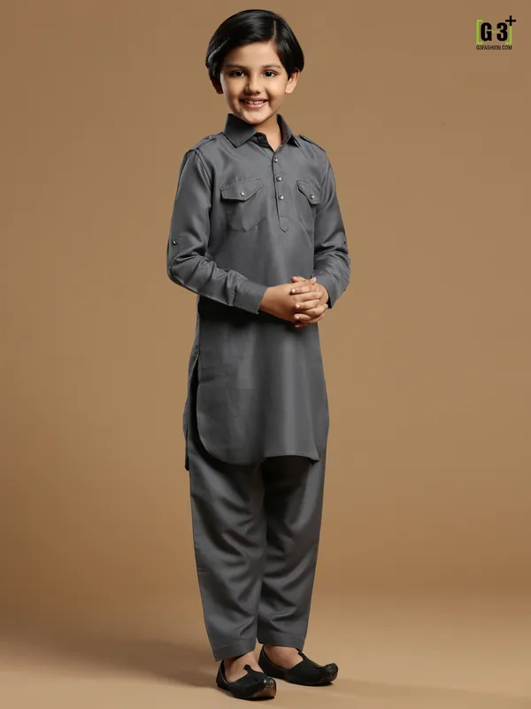 Grey boys festive events cotton silk plain pathani suit