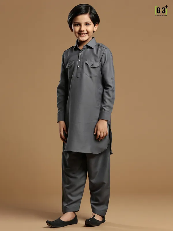 Grey boys festive events cotton silk plain pathani suit