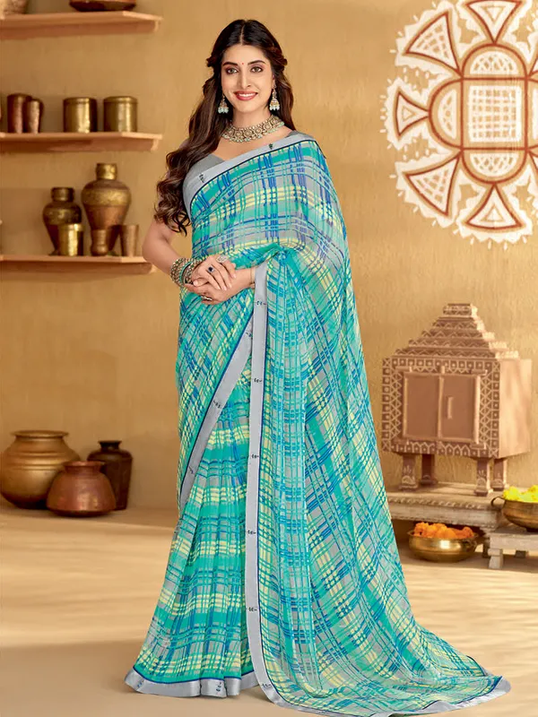Grey and green checks printed saree