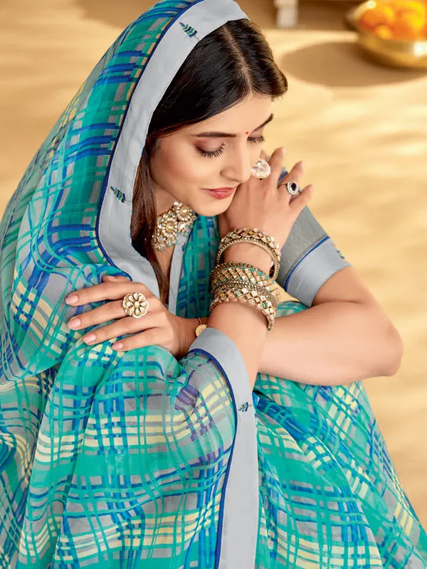 Grey and green checks printed saree