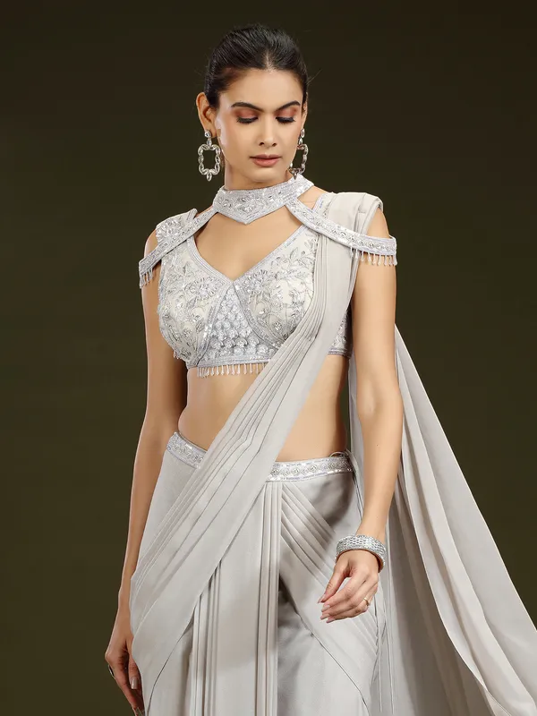 Grey chiffon designer lehenga choli with attached dupatta