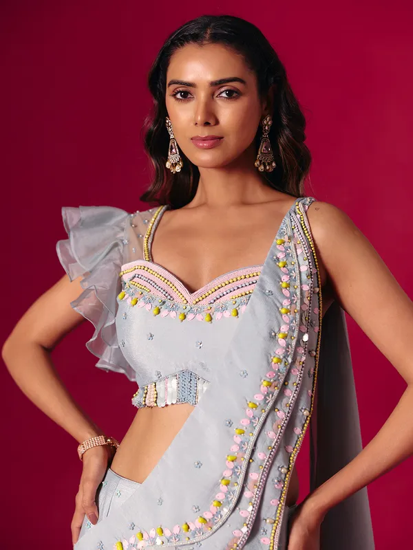 Grey chiffon designer lehenga choli with dupatta