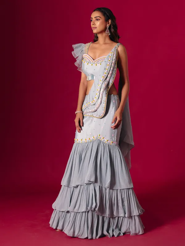 Grey chiffon designer lehenga choli with dupatta