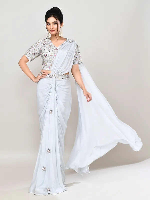 Grey chiffon georgette embellished indo western suit