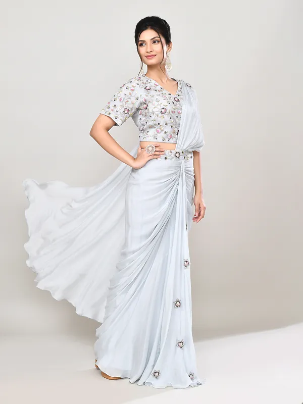 Grey chiffon georgette embellished indo western suit