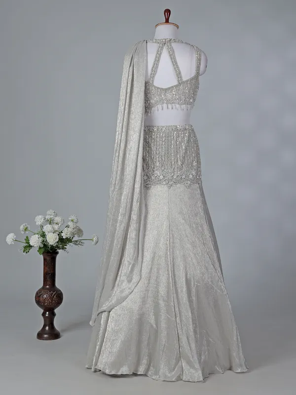 Grey chiffon silk boat neck designer lehenga choli