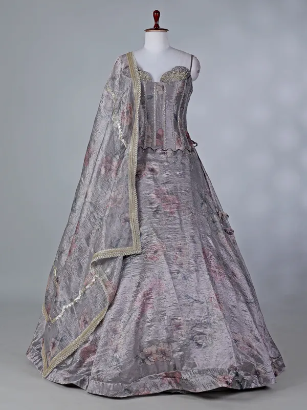 Grey chiffon sweetheart lehenga choli with dupatta
