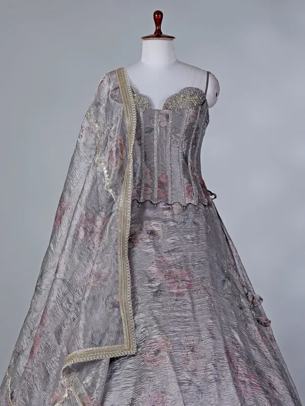 Grey chiffon sweetheart lehenga choli with dupatta