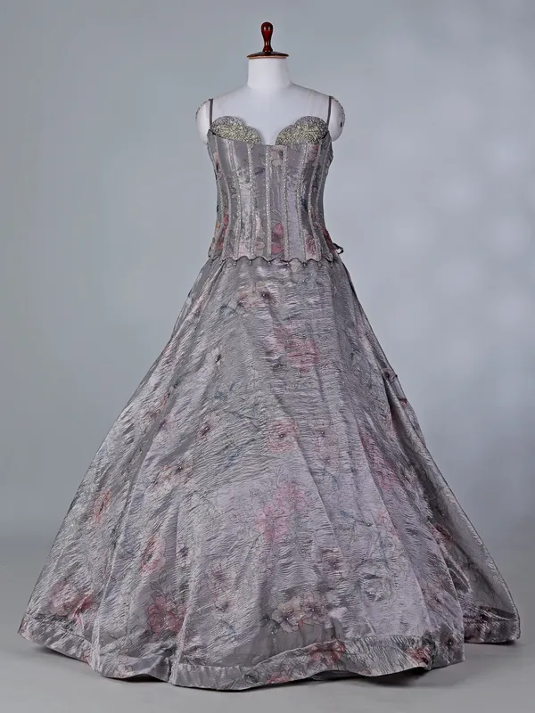 Grey chiffon sweetheart lehenga choli with dupatta