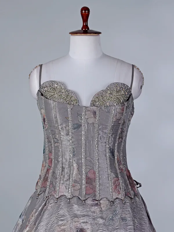 Grey chiffon sweetheart lehenga choli with dupatta