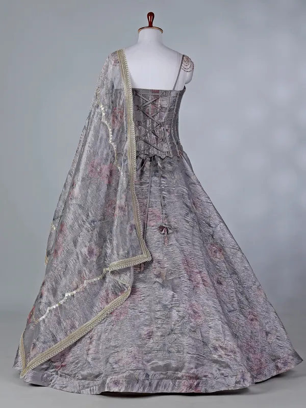 Grey chiffon sweetheart lehenga choli with dupatta