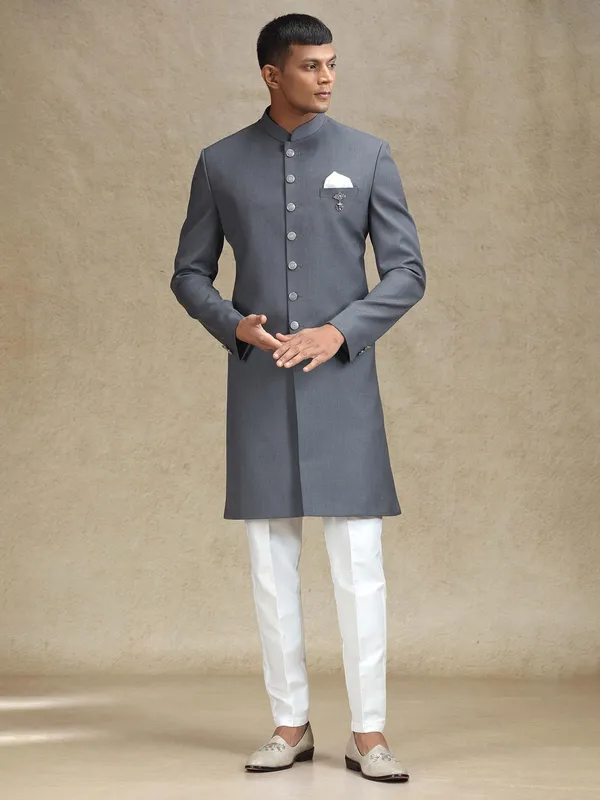 Grey classic indo western in terry rayon