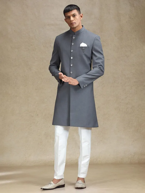 Grey classic indo western in terry rayon