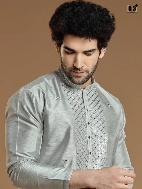 Grey color silk fabric  Men Kurta pajama for festivals