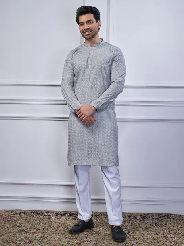 Grey cotton embroidery kurta suit for festival