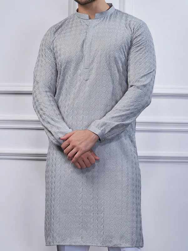 Grey cotton embroidery kurta suit for festival