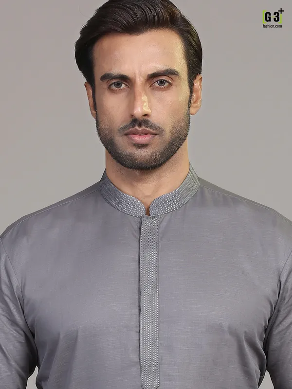 Grey cotton festive wear mens kurta