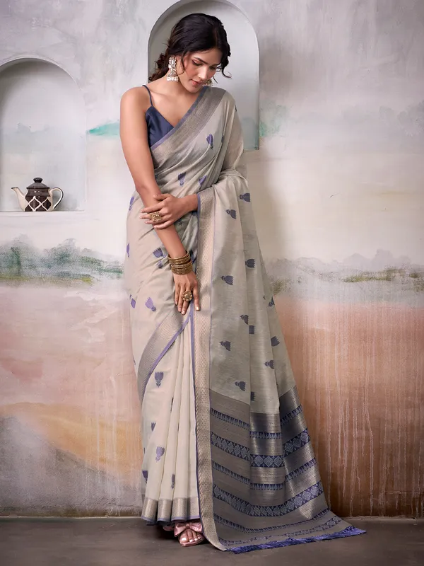 Grey cotton festive wear saree for women