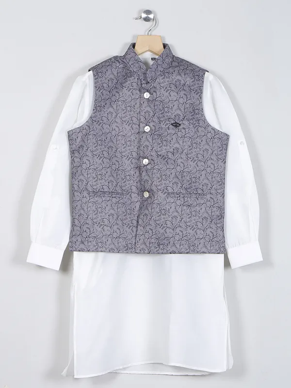 Grey cotton festive wear waistcoat set for boys