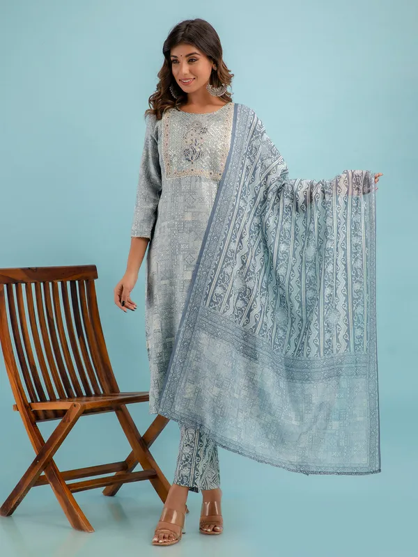 Grey cotton kurti set in printed