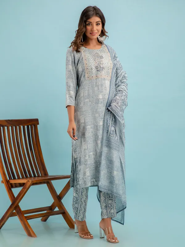 Grey cotton kurti set in printed