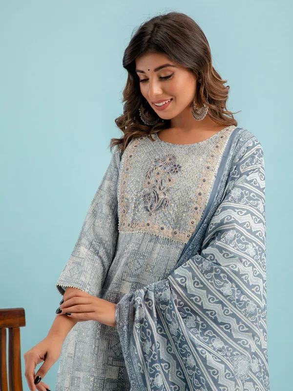 Grey cotton kurti set in printed