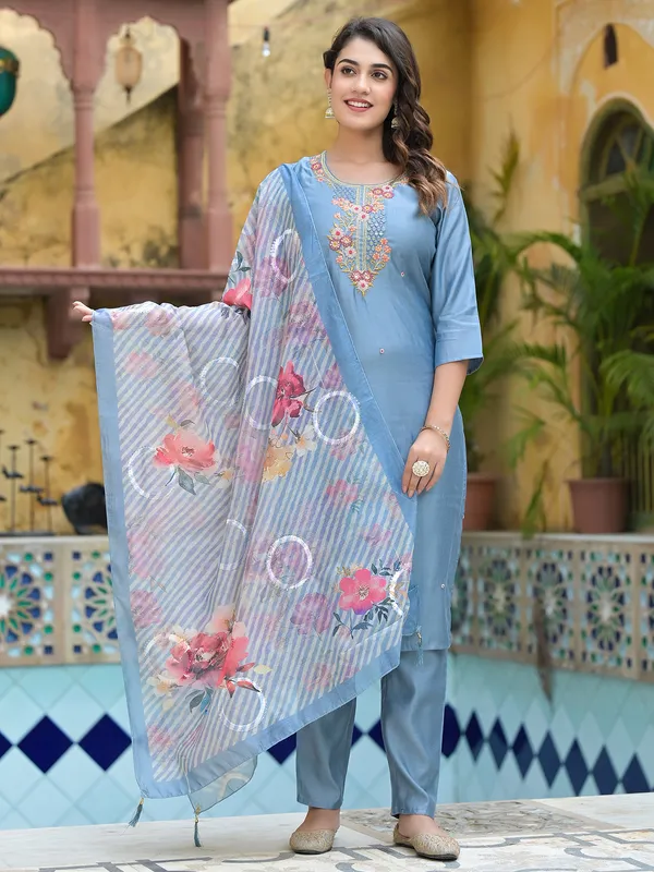 Grey cotton kurti set with dupatta