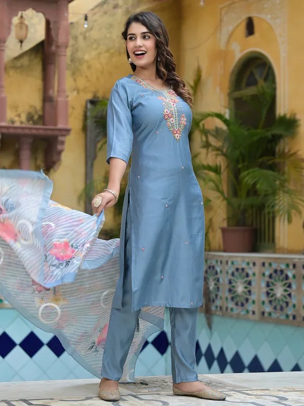 Grey cotton kurti set with dupatta