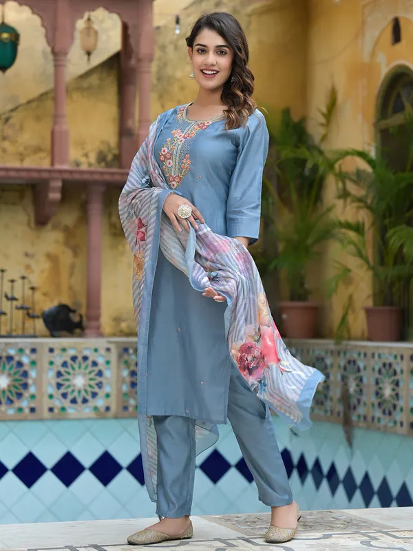 Grey cotton kurti set with dupatta